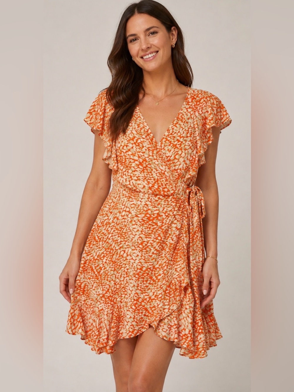 Free People Orange Cream Abstract Print Wrap Dress Size Small